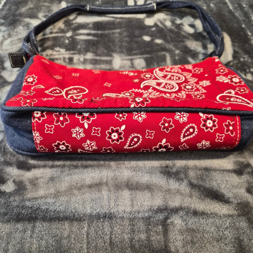Red Paisley Bandana Print Denim Trim Baguette Shoulder Bag Y2K S#1945 - Picture 2 of 6